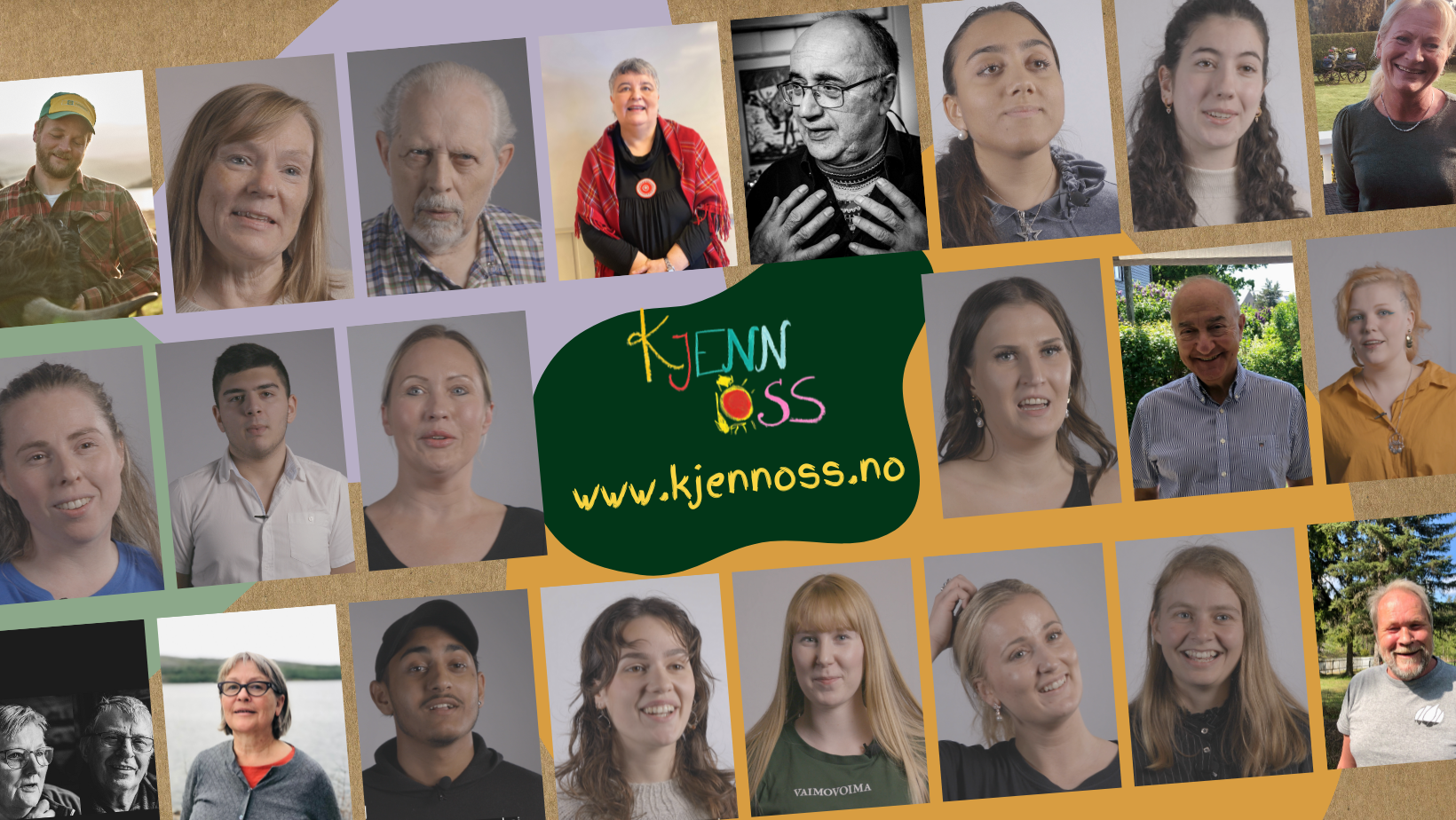 Prosjektbilde med flere små bilder av ulike mennesker. I midten står logoen til Kjenn oss sammen med nettadressen www.kjennoss.no.