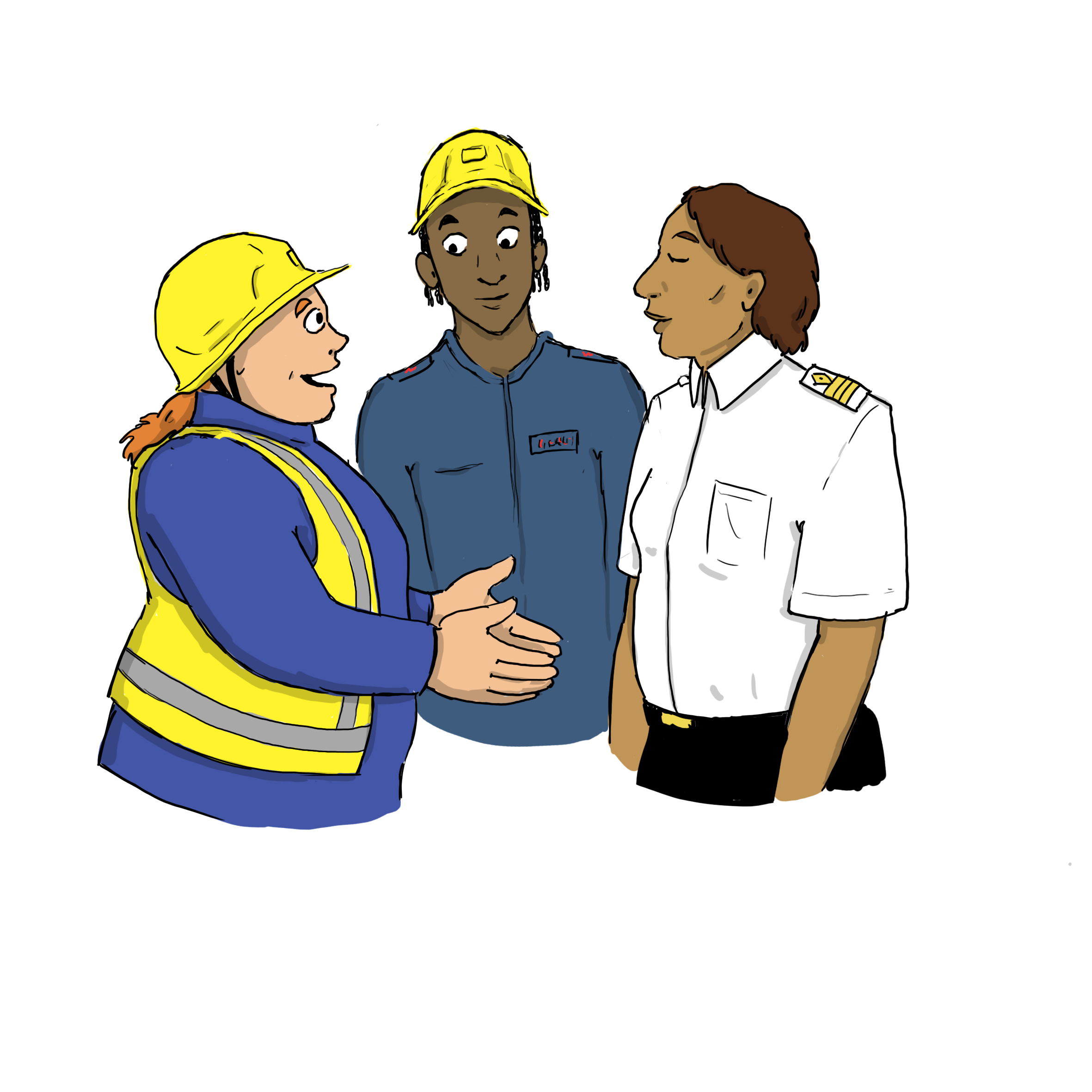Bildet viser tre personer i arbeidsklær: en med gul hjelm og refleksvest, en med blå arbeidsdrakt og gul hjelm, og en i pilotuniform. De ser ut til å ha en samtale i en arbeidsrelatert setting. «KI-generert bildetekst, kvalitetssikret før publisering.»