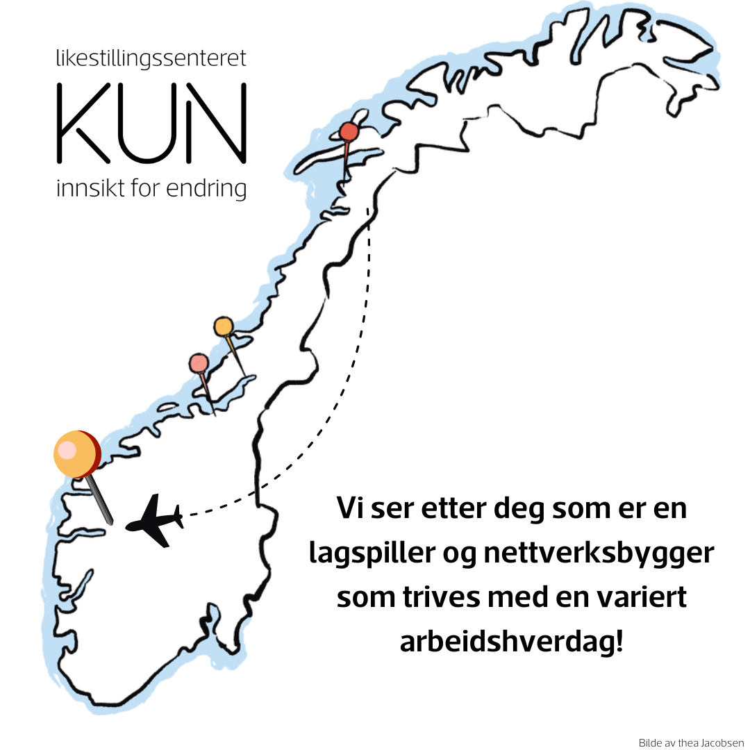 Bilde av kart av Norge med nåler på de stedene KUN har kontor. Et fly flyr fra nord til Bergen. På bildet står det "Vi ser etter deg som er en lagspiller og nettverksbygger som trives med en variert arbeidshverdag!"