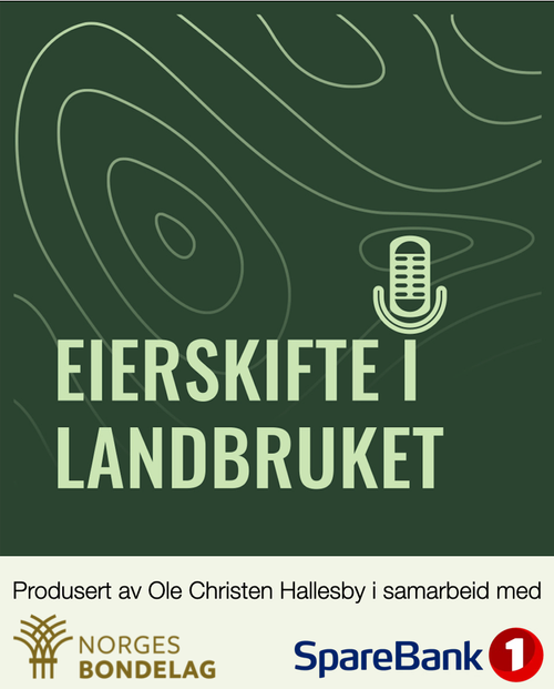 Bildet er et grafisk design med tittelen "Eierskifte i Landbruket" og har et stilisert landskapsmønster og en mikrofon. Det er produsert av Ole Christen Hallesby i samarbeid med Norges Bondelag og SpareBank 1.  «KI-generert bildetekst, kvalitetssikret før publisering.»