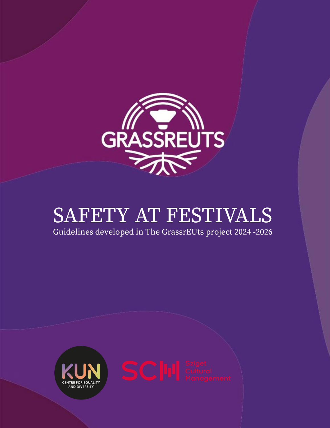 Dette bildet er forsiden av retningslinjer fra GrassrEUts-prosjektet (2024-2026) med tittelen "How to Make a Festival More Diverse?". Designet er i nyanser av lilla med logoen til GrassrEUts og to partnerlogoer, KUN senter for likestilling og mangfold, og Sziget Cultural Management. «KI-generert bildetekst, kvalitetssikret før publisering.»