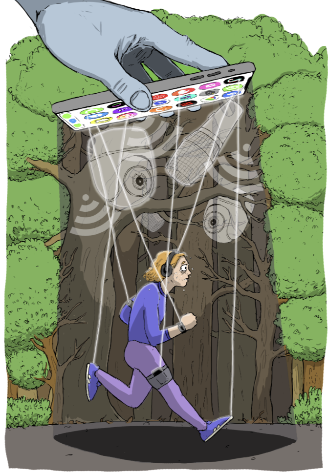 Bildet viser en person som løper i skogen, mens en hånd holder en stor mobiltelefon over vedkommende. Mobilen har tråder som kontrollerer personen som en marionett, noe som antyder en metafor for hvordan teknologi kan styre eller påvirke mennesker. «KI-generert bildetekst, kvalitetssikret før publisering.» 