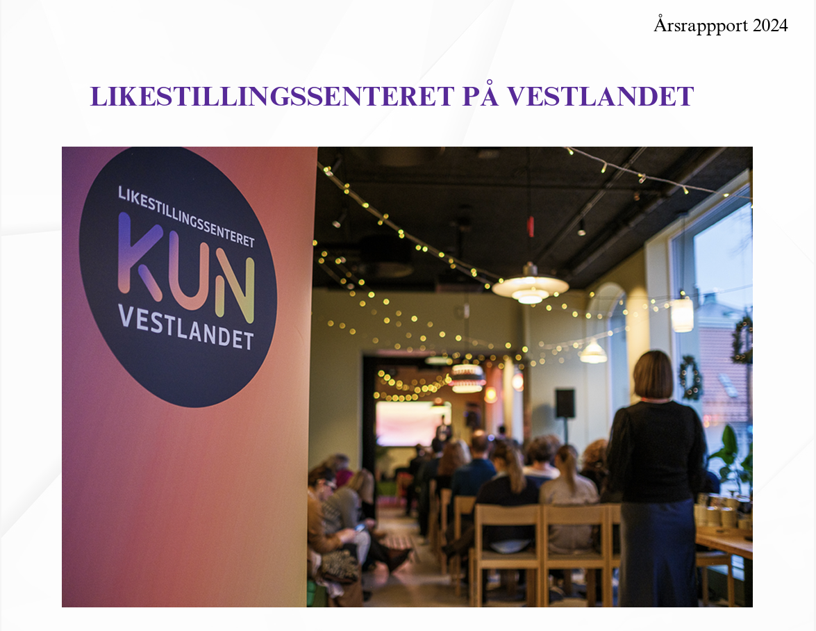 Bildet viser et arrangement hos Likestillingssenteret på Vestlandet. Det er dekorert med lyslenker, og folk sitter og lytter til en presentasjon. Logoen til senteret er synlig i forgrunnen. «KI-generert bildetekst, kvalitetssikret før publisering.»