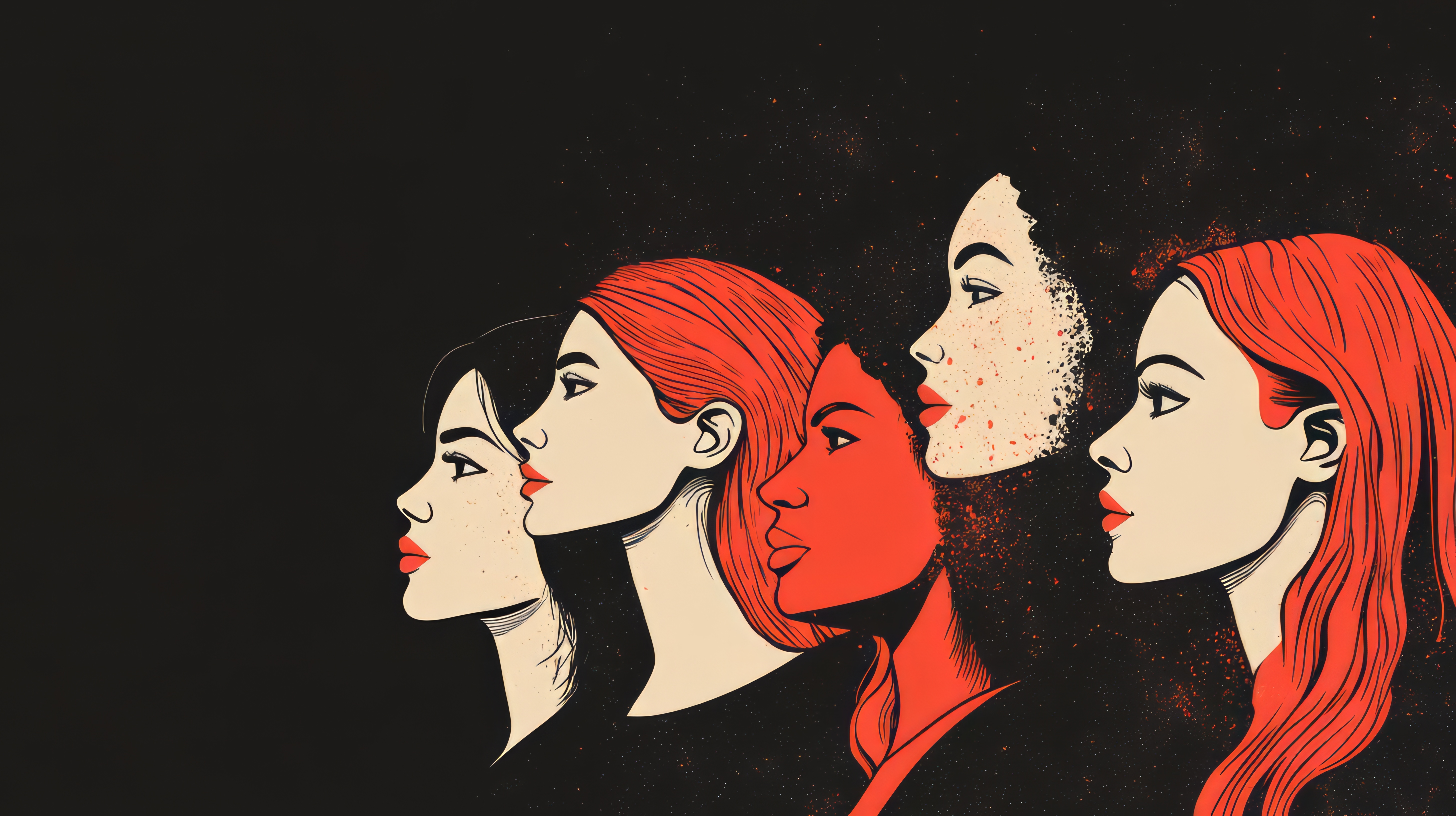 Bildet viser en stilisert illustrasjon av fire kvinner sett i profil. De er tegnet i ulike hudtoner og med varierende hårfarger, og ser ut til å se i samme retning. Bakgrunnen er mørk, noe som fremhever figurene. «KI-generert bildetekst, kvalitetssikret før publisering.»