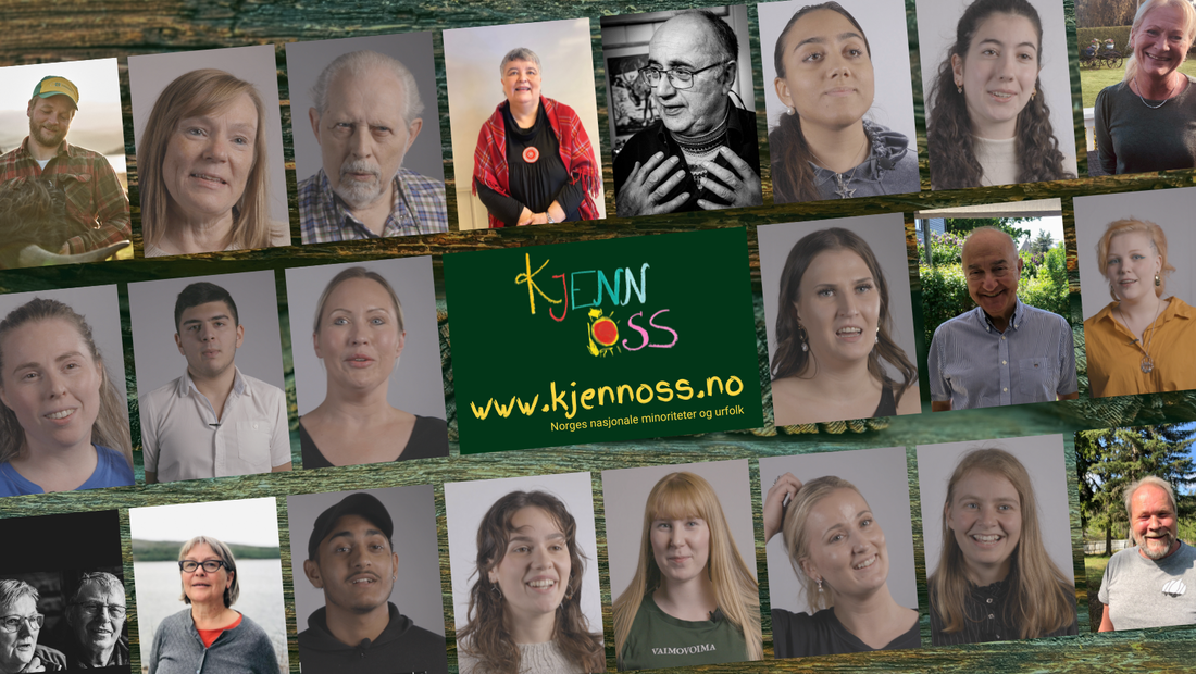 Prosjektbilde med flere små bilder av ulike mennesker. I midten står logoen til Kjenn oss sammen med nettadressen www.kjennoss.no. 