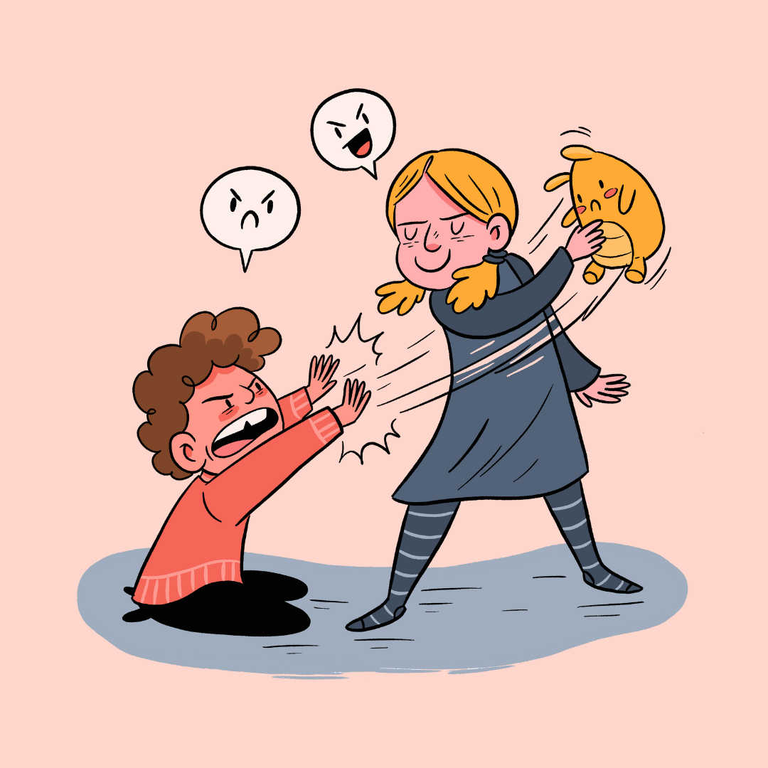 To barn ser sinte ut mens de krangler om et kosedyr. Den ene har kosedyret, mens den andre prøver å få tak i det. De ser frustrerte ut. «KI-generert bildetekst, kvalitetssikret før publisering.»