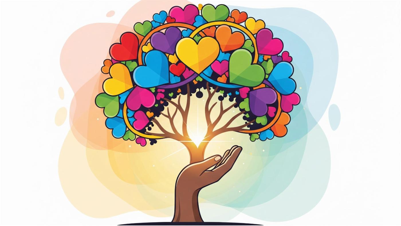 Bildet viser en illustrasjon av et tre formet av hjerter i ulike farger. Det er en hånd som holder treet, og en lysstråle kommer fra bunnen av treet. Bakgrunnen har myke, fargerike nyanser. «KI-generert bildetekst, kvalitetssikret før publisering.»