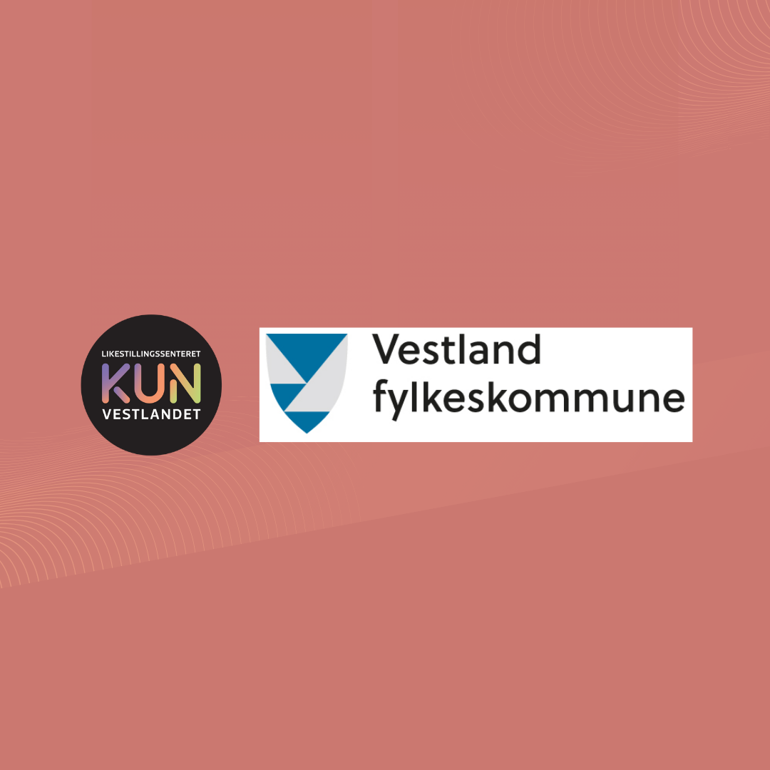 Bildet viser logoene til Likestillingssenteret på Vestlandet og Vestland fylkeskommune på en rosa bakgrunn. «KI-generert bildetekst, kvalitetssikret før publisering.»