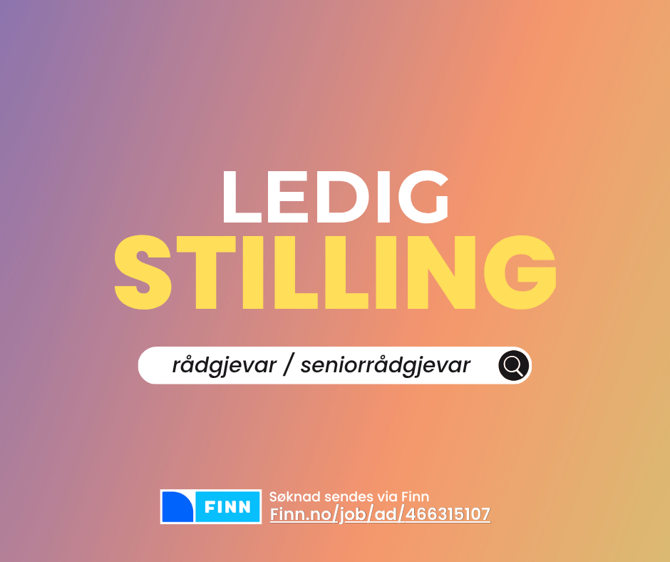Bildet viser en jobbannonse med teksten "LEDIG STILLING" i store bokstaver og "rådgjevar / seniorrådgjevar" i en søkeboks. Bakgrunnen er en gradient i varme farger, og det er en lenke til Finn.no for å sende søknad. «KI-generert bildetekst, kvalitetssikret før publisering.»