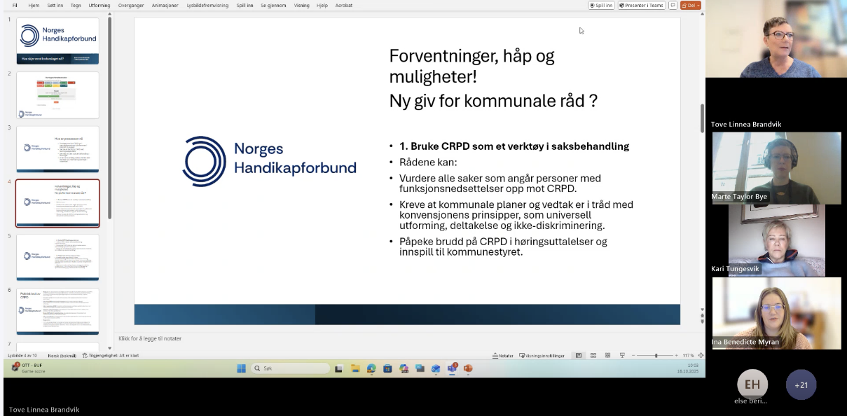 Bildet viser en presentasjon om forventninger, håp og muligheter knyttet til bruk av CRPD i kommunale råd. Fokus er på å bruke CRPD som verktøy i saksbehandling for å vurdere saker som angår personer med funksjonsnedsettelser, sikre at planer følger konvensjonens prinsipper og påpeke eventuelle brudd. Det er også videovindu med noen deltakere synlige på skjermen. «KI-generert bildetekst, kvalitetssikret før publisering.»