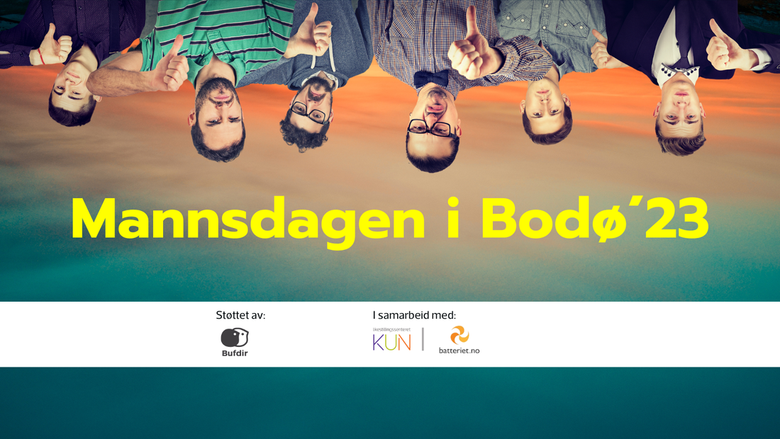 Bilde av seks mann, opp ned. Alle mennene holder tommelen ned. Over bildet står teksten "Mannsdagen i Bodø '23". 