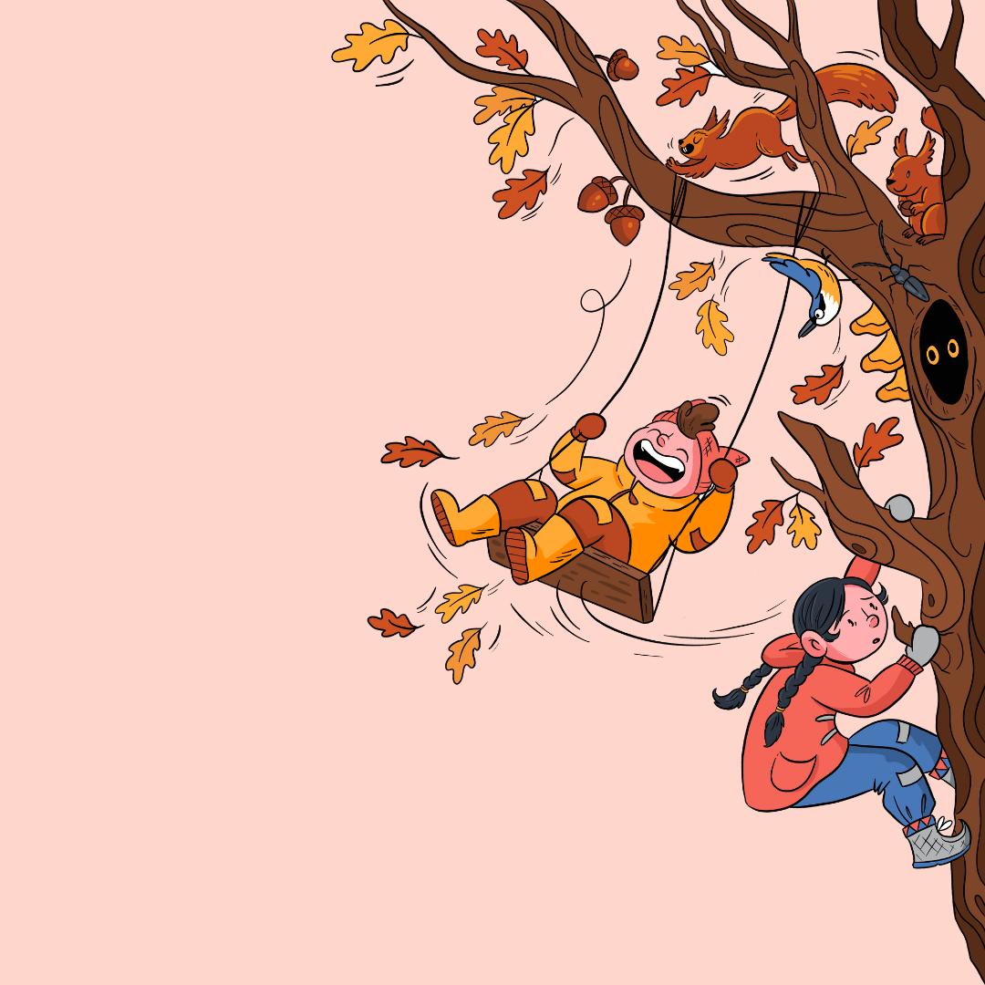 Bildet viser to barn som leker i et tre om høsten. Ett barn svinger på en huske mens det andre klatrer i treet. Det er høstblader, ekorn og en fugl i treet. En åpen trehule med øyne kan ses, samt eikenøtter rundt greinene. Det uttrykker en livlig og munter atmosfære. «KI-generert bildetekst, kvalitetssikret før publisering.»