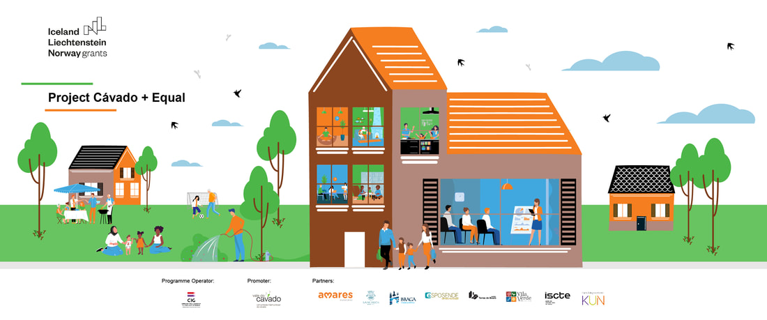 Animert bilde av ett stort bygg og to små bygg, med masse mennesker i og rundt byggene. Det er gress og trær på bildet. Bildet har teksten "Project Cávado + Equal", og logoene til samarbeidspartnerne i prosjektet. 
