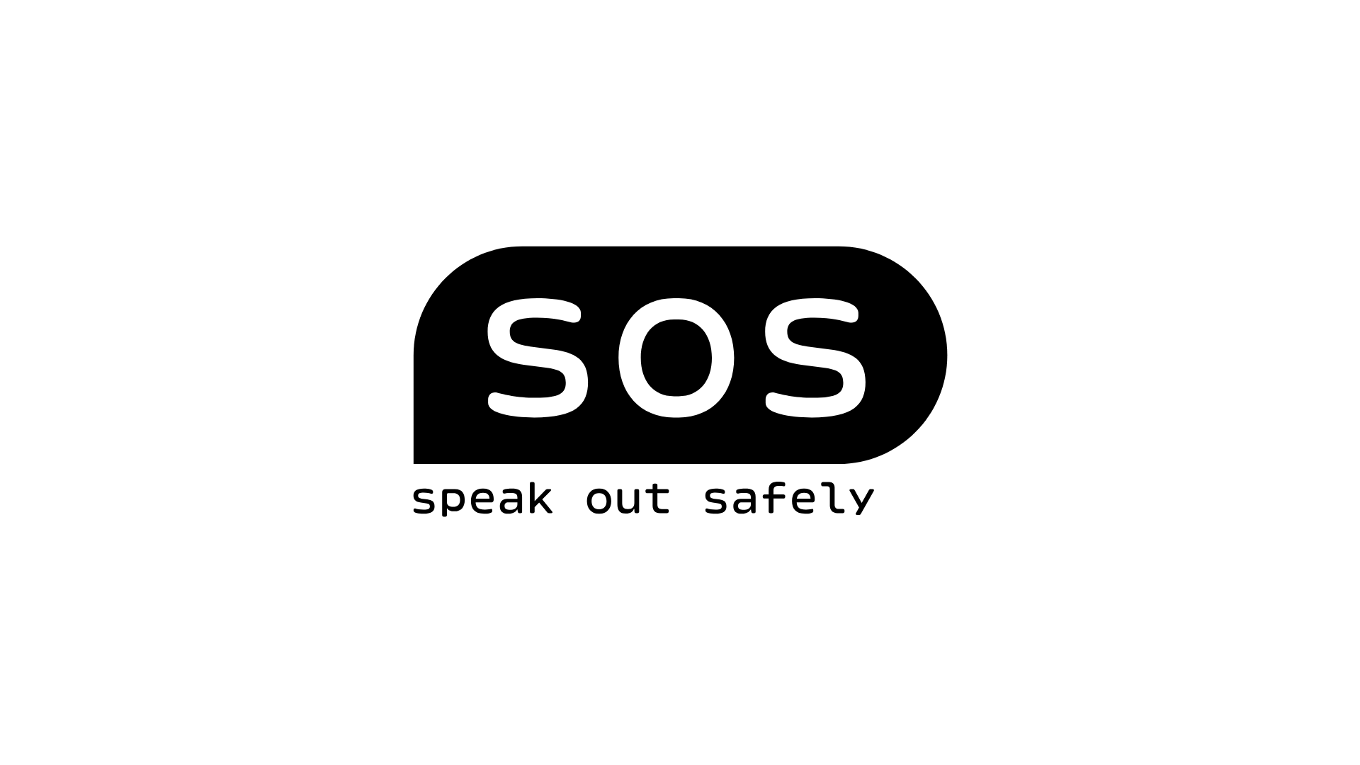 Bildet viser teksten "SOS speak out safely" med hvite bokstaver på en svart bakgrunn.