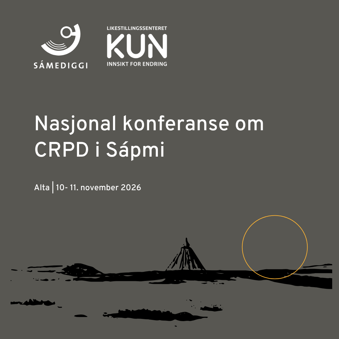 Bildet annonserer en nasjonal konferanse om CRPD i Sápmi, arrangert av Sámediggi og Likestillingssenteret KUN. Konferansen vil finne sted i Alta den 10.-11. november 2026. Illustrasjonen viser en lavvu og en sol. «KI-generert bildetekst, kvalitetssikret før publisering.»