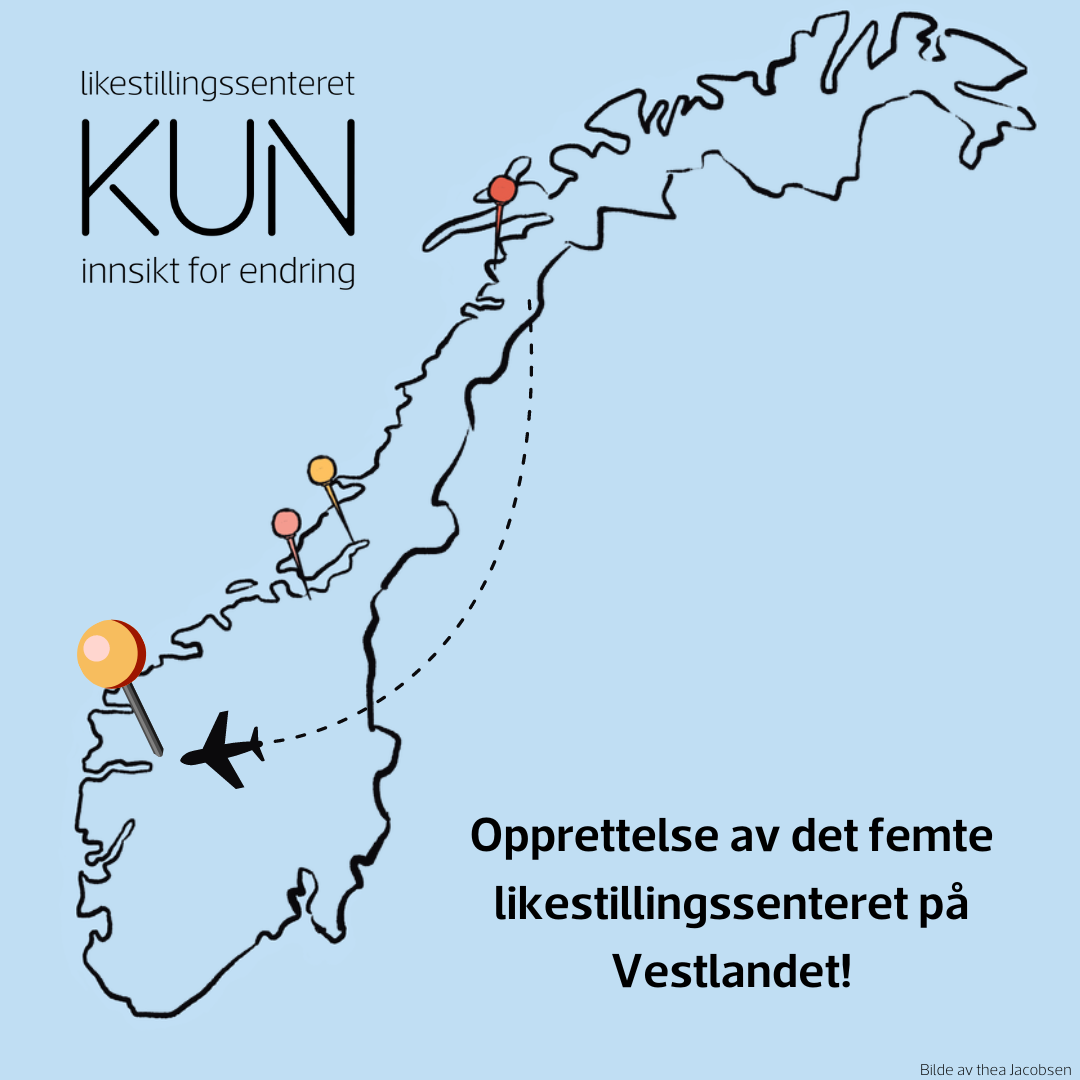 Bilde av norgeskartet med nåler på alle stedene hvor KUN er lokalisert. På bildet står teksten "Opprettelse av det femte likestillingssenteret på Vestlandet". 