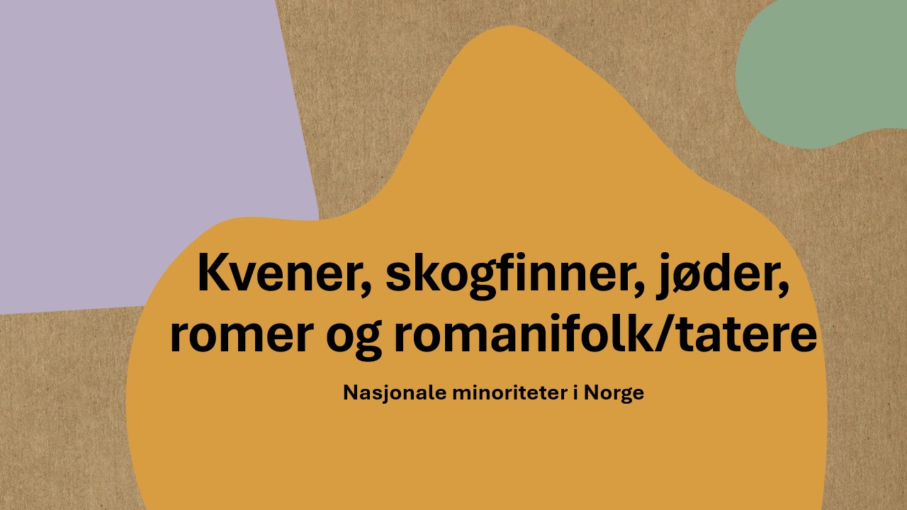 Bildet viser en informativ tekst om nasjonale minoriteter i Norge: kvener, skogfinner, jøder, romer og romani/tatere. Bakgrunnen har ulike farger og former.