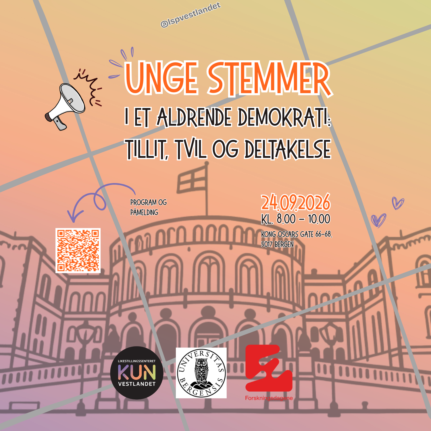 Bildet er en invitasjon til et arrangement kalt "Unge Stemmer i et Aldrende Demokrati: Tillit, Tvil og Deltakelse". Det finner sted 24. september 2026 fra kl. 8.00 til 10.00 i Bergen. Det er inkludert en QR-kode for program og påmelding, og det er logoer for Likestillingssenteret på Vestlandet, Universitetet i Bergen og Forskningsdagene. Bakgrunnsgrafikken har et linjeskisse av en bygning.«KI-generert bildetekst, kvalitetssikret før publisering.»