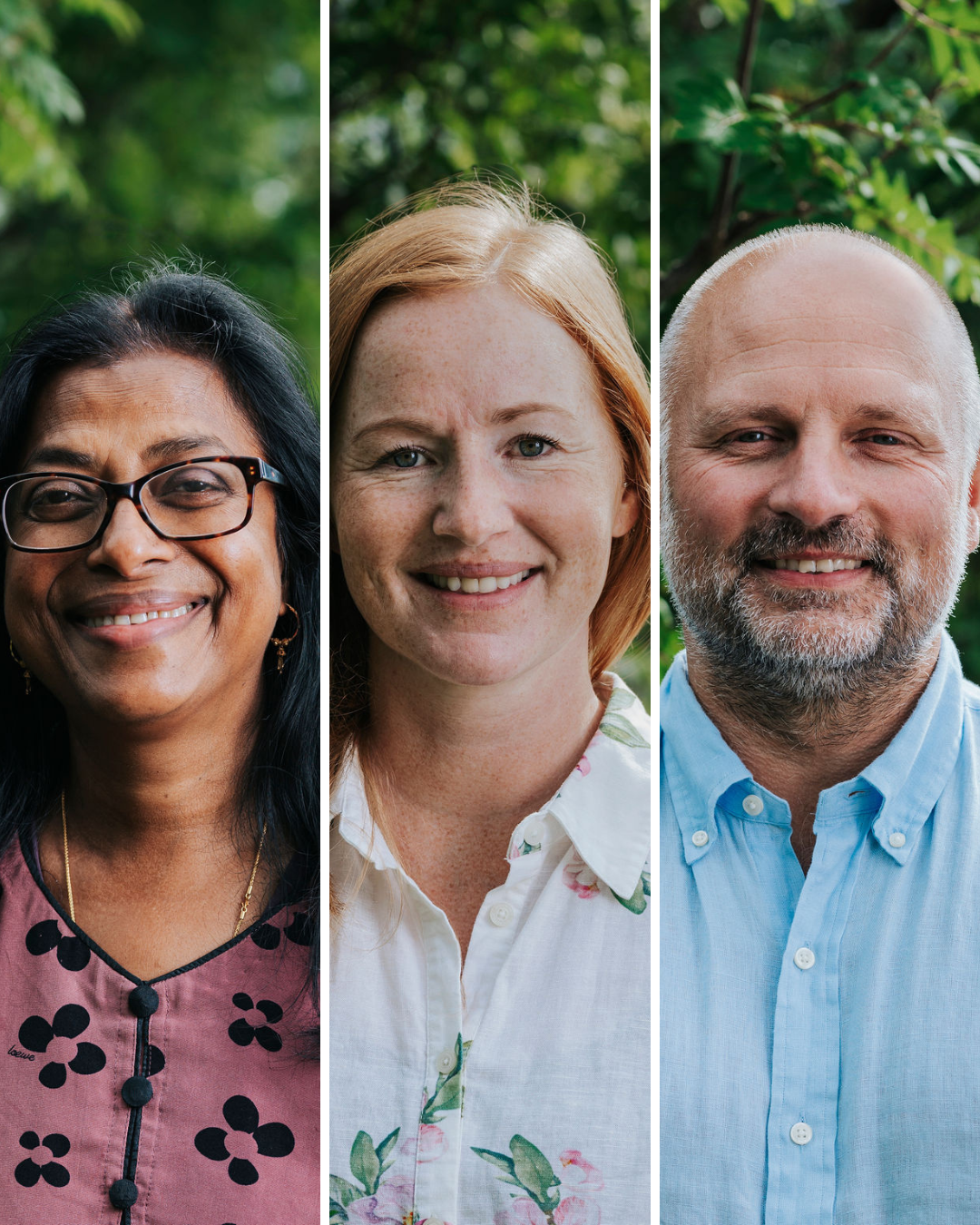 Bildet viser tre smilende personer i separate bilder, satt sammen ved siden av hverandre. De står utendørs foran en grønn bakgrunn. «KI-generert bildetekst, kvalitetssikret før publisering.»