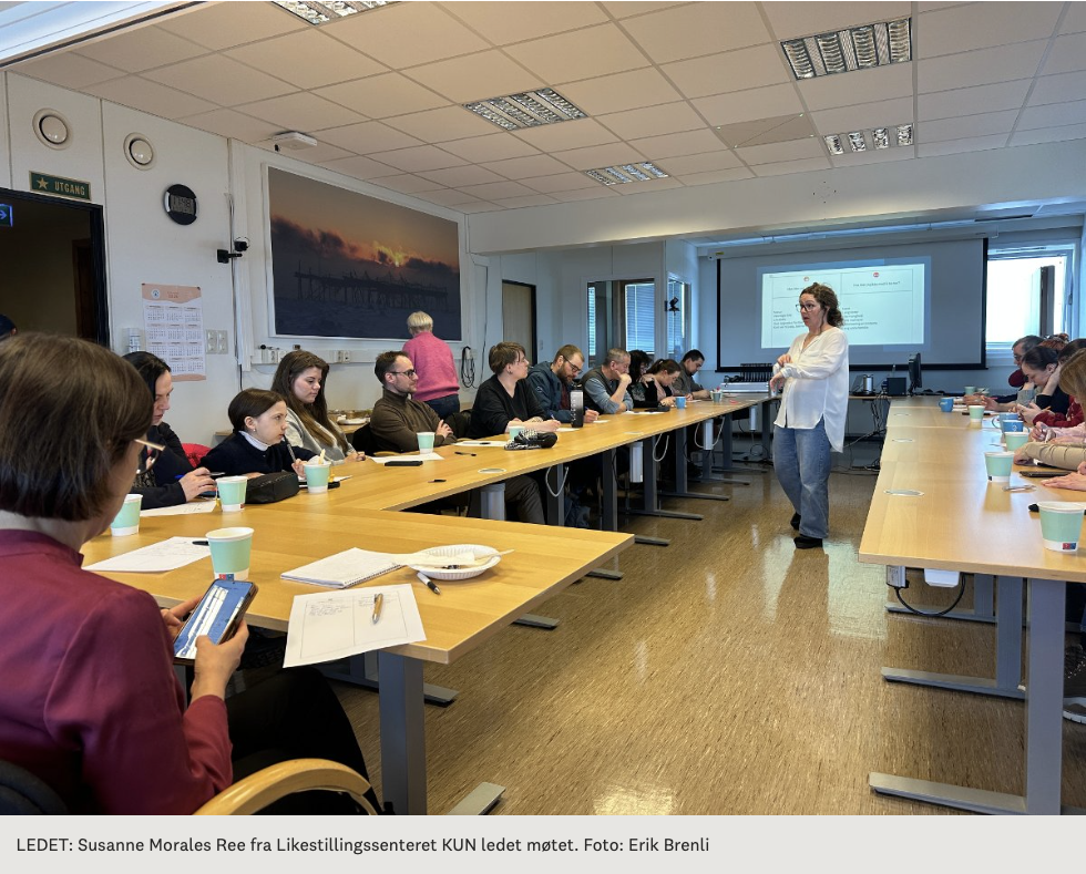 Bildet viser et møte i et konferanserom med mange deltakere som sitter rundt et langt bord. En person står foran og leder presentasjonen, mens det er en skjerm med en presentasjon i bakgrunnen. Deltakerne følger med, og noen tar notater. «KI-generert bildetekst, kvalitetssikret før publisering.»
