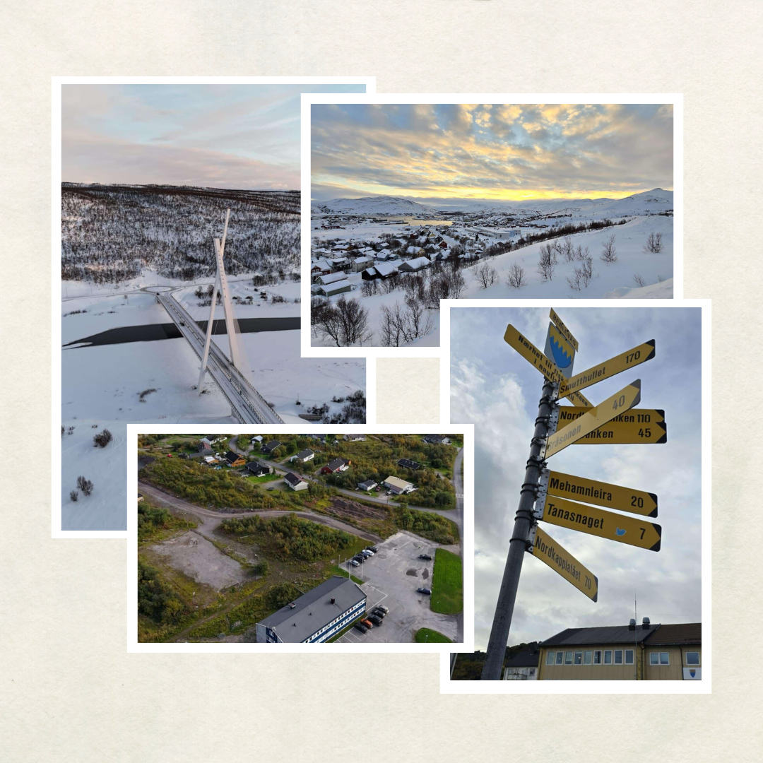 Bildet viser en collage av scener fra en snørik landskap med elv og bro, et tettsted med vinterlandskap, et grønt boligområde, og et skilt med forskjellige retningsanvisninger. «KI-generert bildetekst, kvalitetssikret før publisering.»