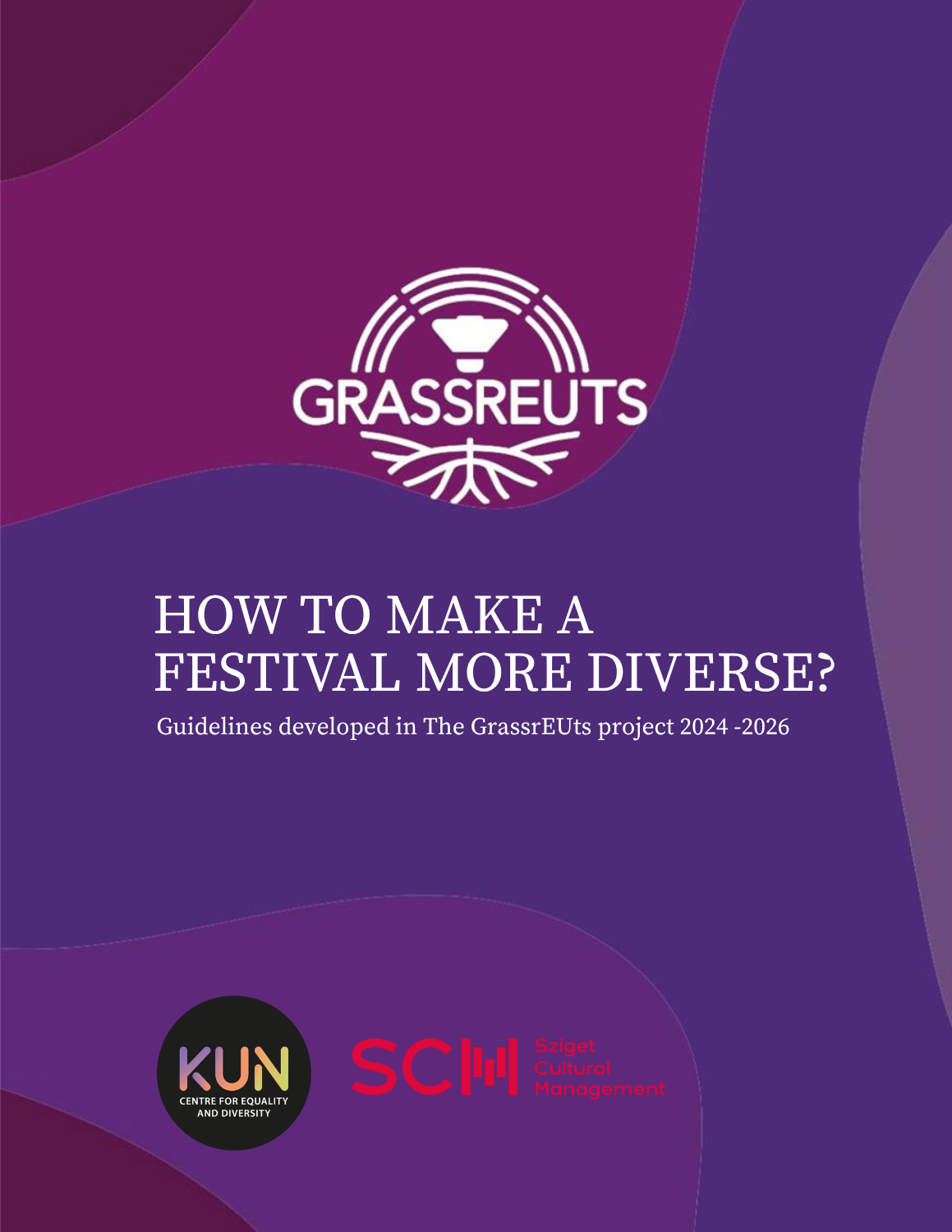 Dette bildet er en forside for et dokument relatert til "GrassrEUts" prosjektet, som handler om å gjøre festivaler mer mangfoldige. Det er utviklet i perioden 2024-2026, og bildet inneholder logoene til KUN og Sziget Cultural Management. Bakgrunnen er lilla med hvit tekst. «KI-generert bildetekst, kvalitetssikret før publisering.»