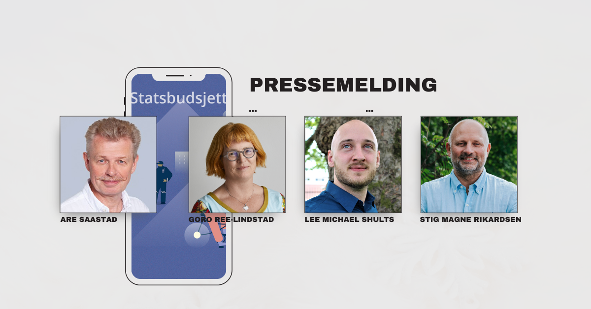 Bildet viser fire portretter av forskjellige personer arrangert rundt en illustrasjon av en mobiltelefon med teksten "Statsbudsjett" på skjermen. Øverst står det "Pressemelding". Personene har navnelapper: Are Saastad, Goro Ree-Lindstad, Lee Michael Shults, og Stig Magne Rikardsen. «KI-generert bildetekst, kvalitetssikret før publisering.»