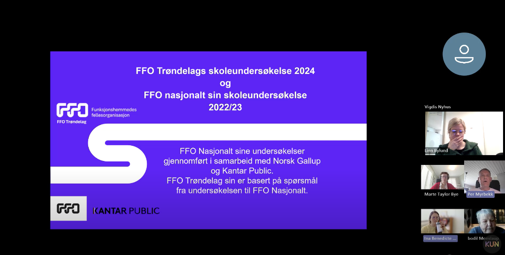 Bildet viser en presentasjon med tittelen "FFO Trøndelags skoleundersøkelse 2024 og FFO nasjonalt sin skoleundersøkelse 2022/23". Presentasjonen er gjennomført i samarbeid med Norsk Gallup og Kantar Public. Til høyre er det et videomøte med flere deltakere. «KI-generert bildetekst, kvalitetssikret før publisering.»