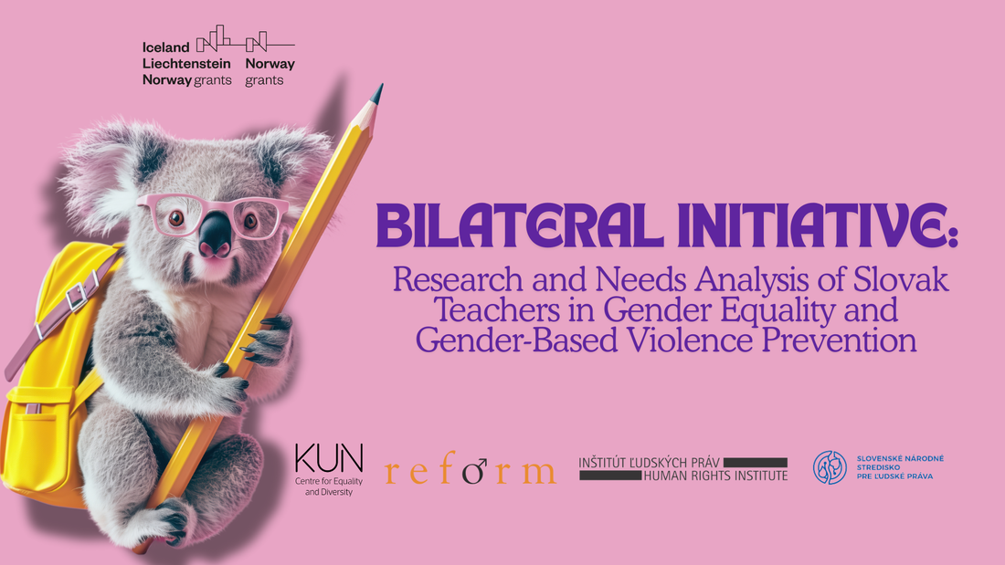 Bildet viser en koalabjørn med rosa briller og gul ryggsekk, som holder en stor gul blyant. På bilde er det også tekst hvor det står: "Bilateral initiative. Research and needs analysis of slovak teachers gender equality and gender-based violence prevention"