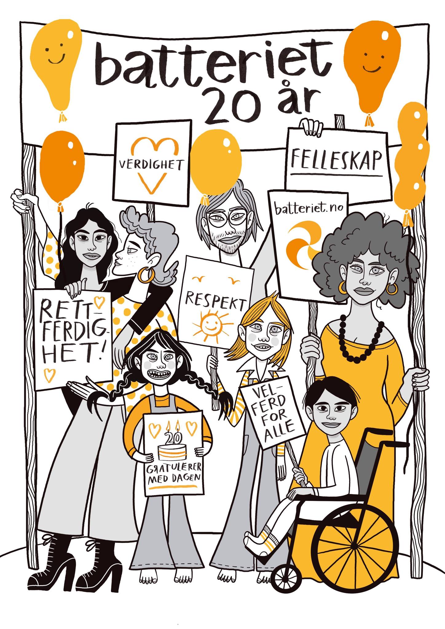 Illustrasjonen viser en gruppe mennesker som feirer "Batteriet" sitt 20-årsjubileum. De holder plakater med budskap som "Verdighet", "Fellesskap", "Rettferdighet", "Respekt" og "Velferd for alle". Bildet har oransje ballonger og en inkluderende atmosfære. «KI-generert bildetekst, kvalitetssikret før publisering.» 