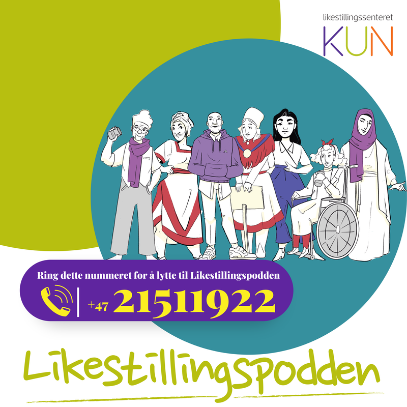 Bildet viser en illustrasjon av en mangfoldig gruppe mennesker med ulike klær og i forskjellige positurer. Øverst til høyre står det "likestillingssenteret KUN". Nederst er det en oppfordring om å ringe et telefonnummer for å lytte til "Likestillingspodden".