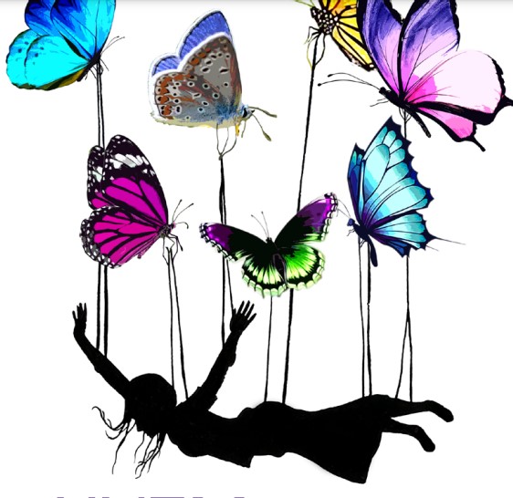 Bildet viser en silhuett av en person som blir holdt oppe i luften av flere store, fargerike sommerfugler som holder tau festet til personen.