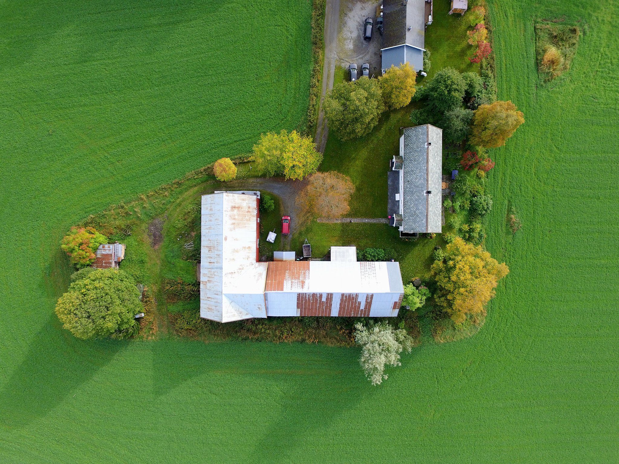 Bildet viser en gård fra fugleperspektiv, omgitt av grønne jorder. Man kan se flere bygninger, inkludert et større rødt/korrosjonsfarget bygg og et hvitt hus med grått tak. Det er også synlig en del trær og busker, samt noen biler og en rød traktor ved siden av bygningene. «KI-generert bildetekst, kvalitetssikret før publisering.»
